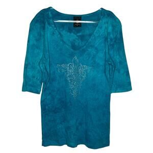 VTG Y2K Sledge USA Womens Size XL Teal Tie Dye Top Metallic Graphic Bling Grunge